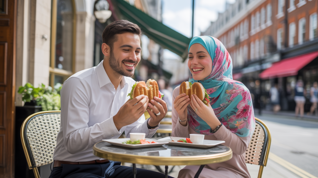 muslim-couple-eating-grilled-chicken-sandwiches-in-london