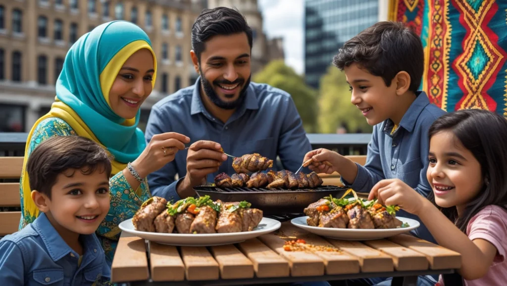 muslim-family-eating-grilled-lamb-in-london