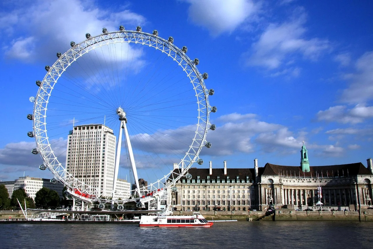 The London Eye beside the River Thames with the city skyline behind