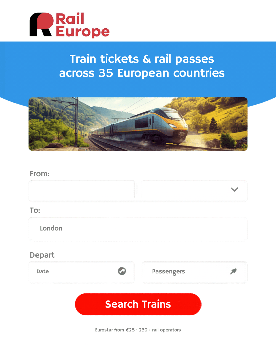 Rail Europe booking widget, search train tickets and rail passes across 35 European countries