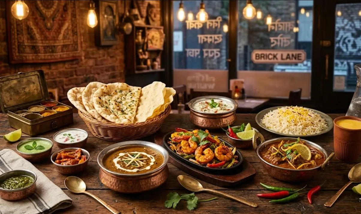 A vibrant spread of authentic Indian dishes on a table at a London restaurant