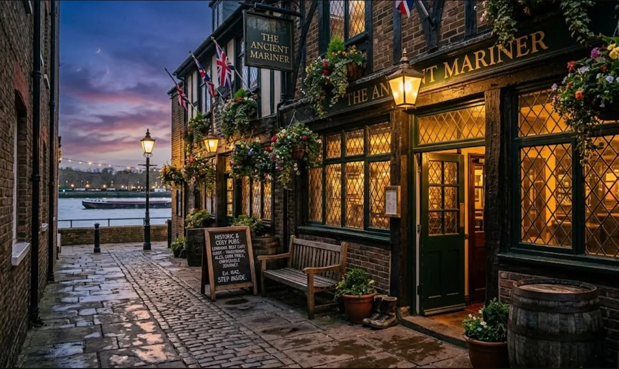 The warm interior of a traditional London pub with people enjoying drinks