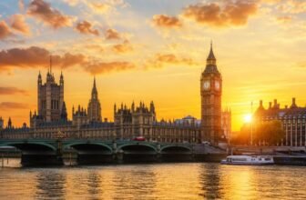 Big Ben and Parliament across the Thames at golden hour