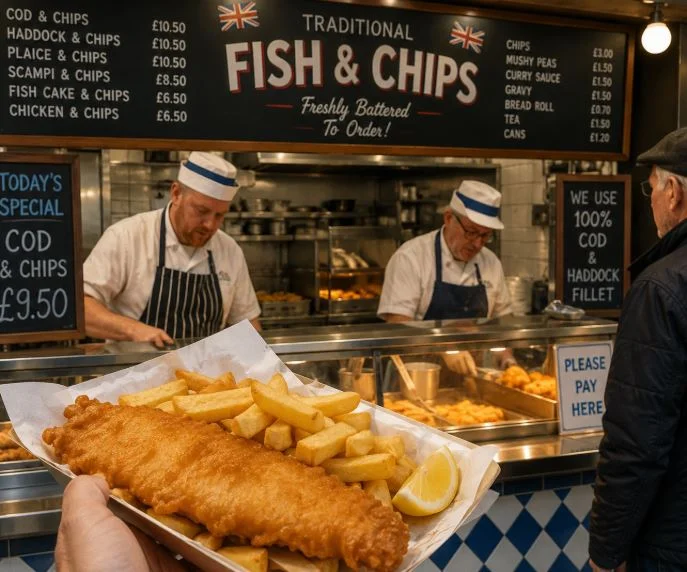 Traditional British fry-up breakfast and pie and mash in London