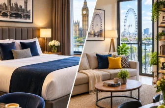 Cozy London hotel room with a plush bed, modern seating area, and a large window framing a scenic city skyline view.