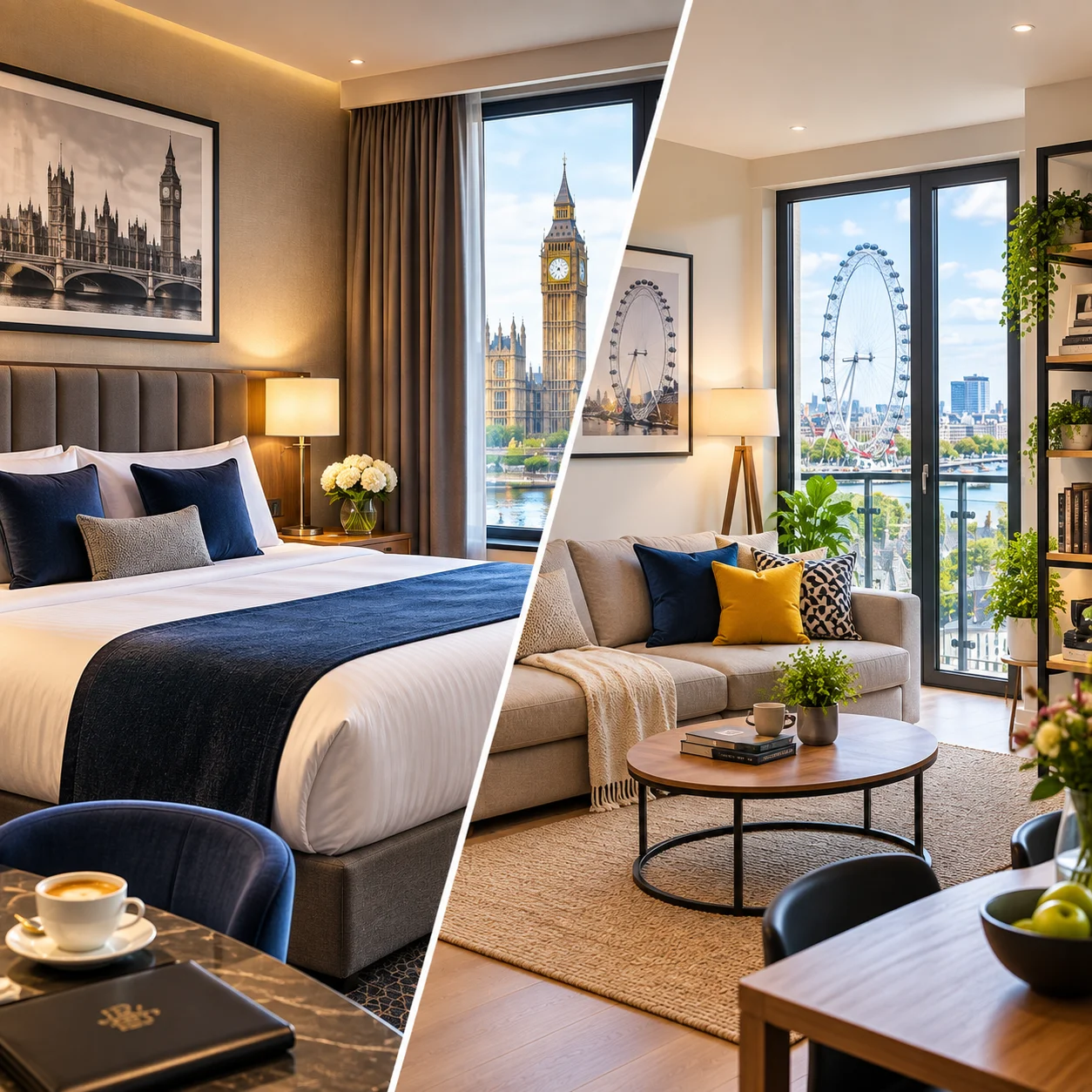 A London hotel room and a London apartment side by side