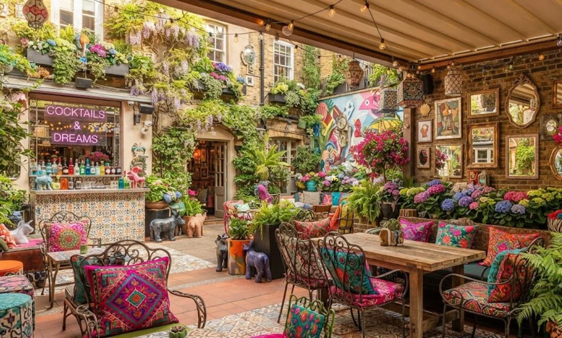 Boutique hotel courtyard and stylish garden patio in London