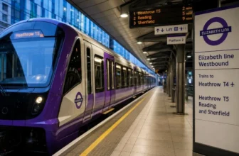 Heathrow arrivals, a purple Elizabeth line train, or a London-bound platform
