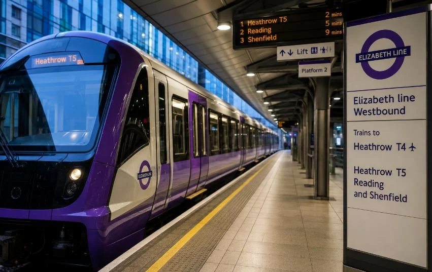 Arrivals at London Heathrow Airport with the Elizabeth line train