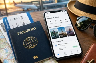 Passport + phone with travel app