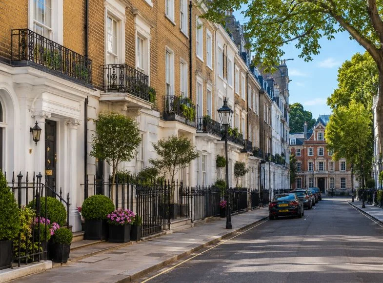 Central London apartment street on a bright day