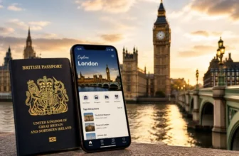 a passport with a phone showing a travel app, or a passport against a London backdrop