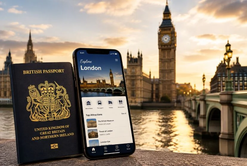A US passport and a phone showing the UK ETA application