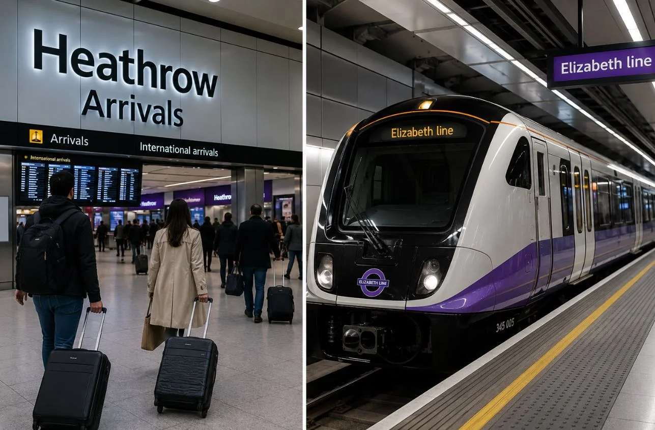 Llegadas en el aeropuerto de Londres Heathrow con un tren de la Elizabeth line