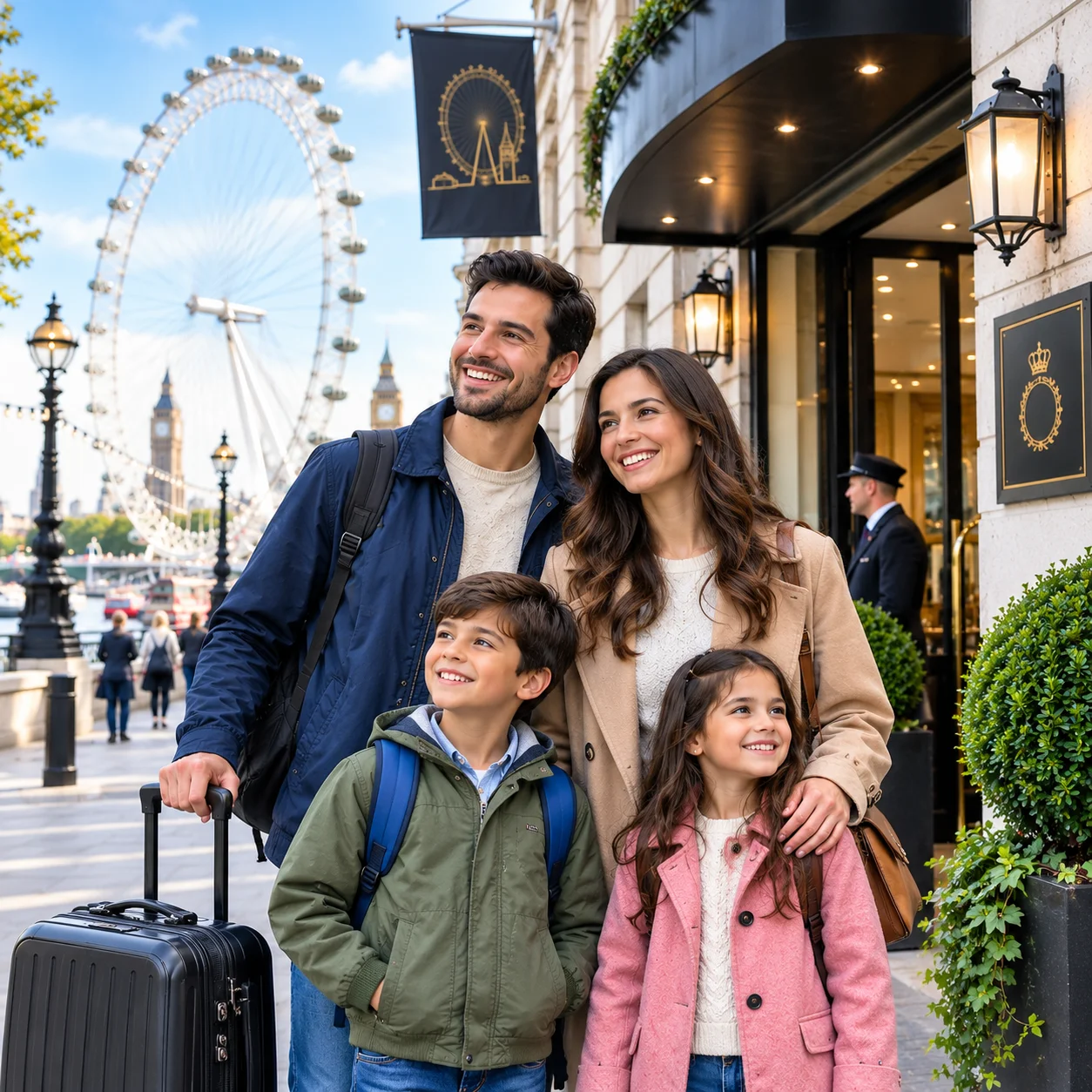 Family with young children outside a London hotel near the London Eye