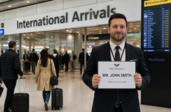 Chauffeur meeting international arrivals with name board at London airport