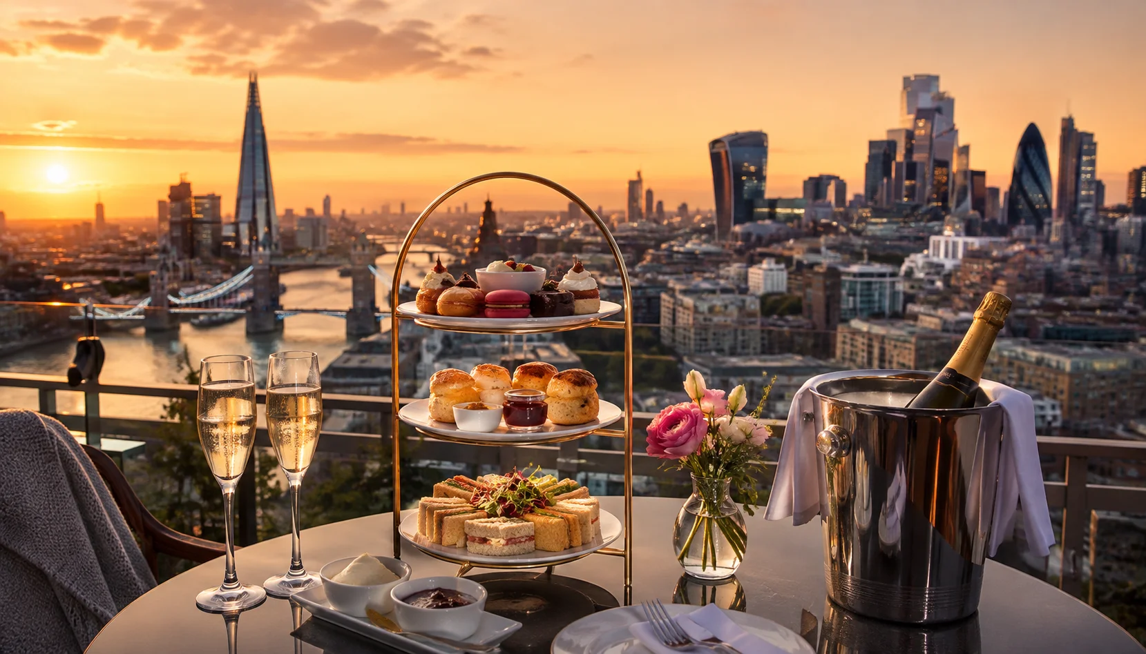 Champagne afternoon tea birthday celebration with London skyline view through a window.