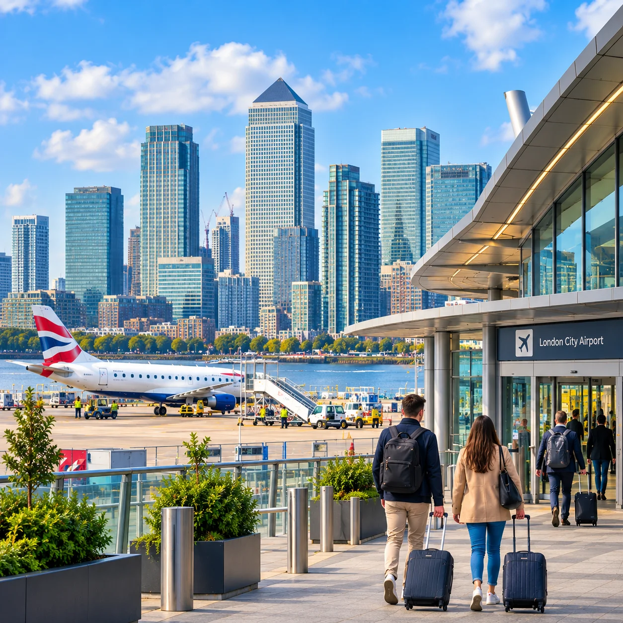 London City Airport terminal exterior with Canary Wharf skyline in background