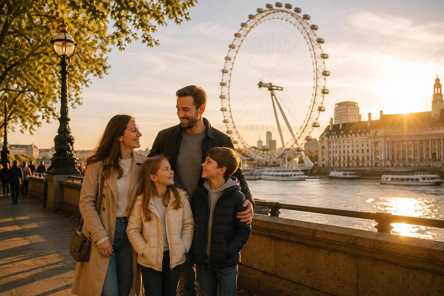 Family with two children on the South Bank with the London Eye behind them at golden hour.