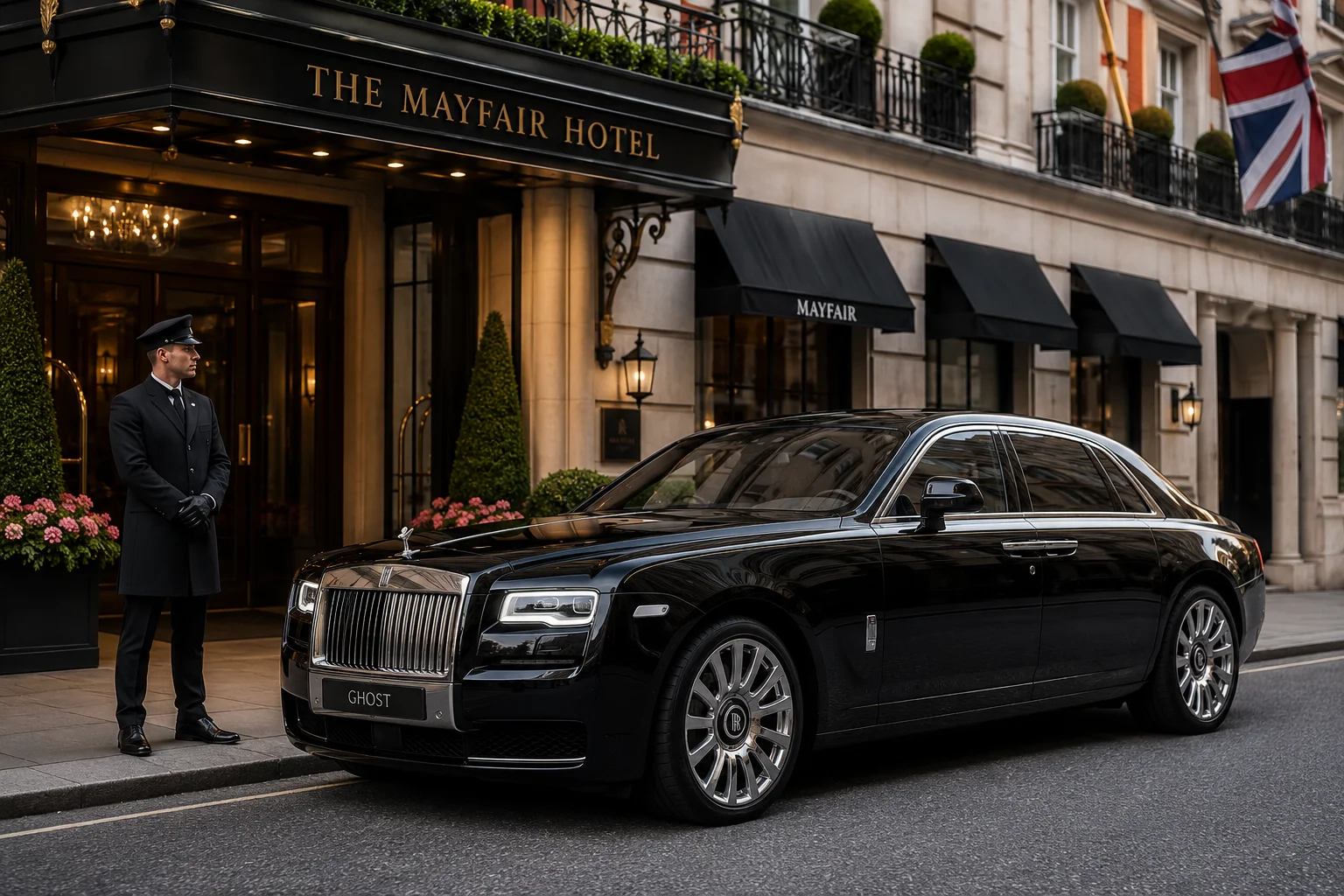 Rolls-Royce Ghost with chauffeur outside a Mayfair London hotel