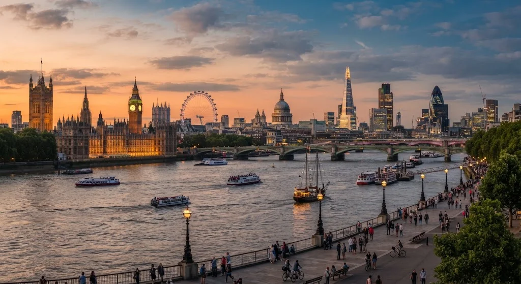 Vista aérea dos bairros do centro de Londres às margens do rio Tâmisa