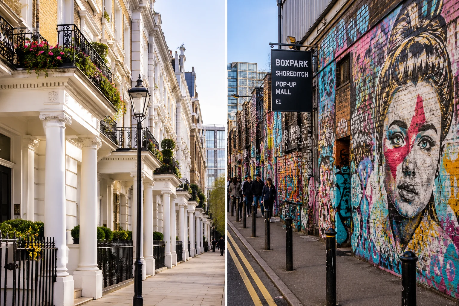 Split image of Kensington townhouses on left and Shoreditch street art on right showing West vs East London