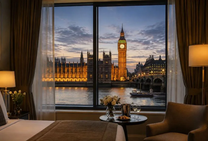 Big Ben view from a river-facing London hotel room