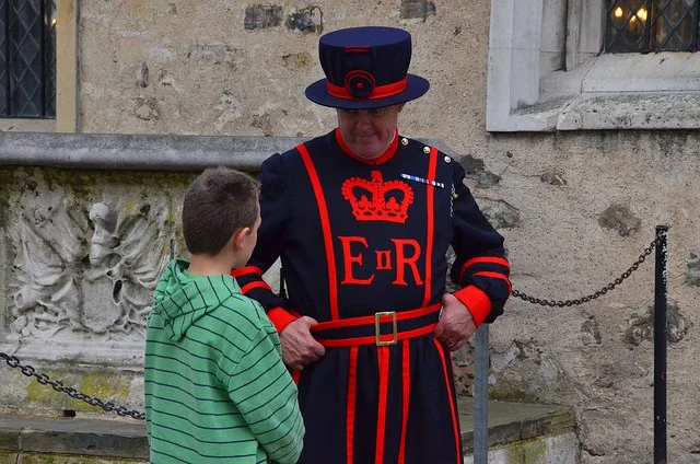 Yeoman Warder Beefeater in ceremonial uniform at the Tower of London.