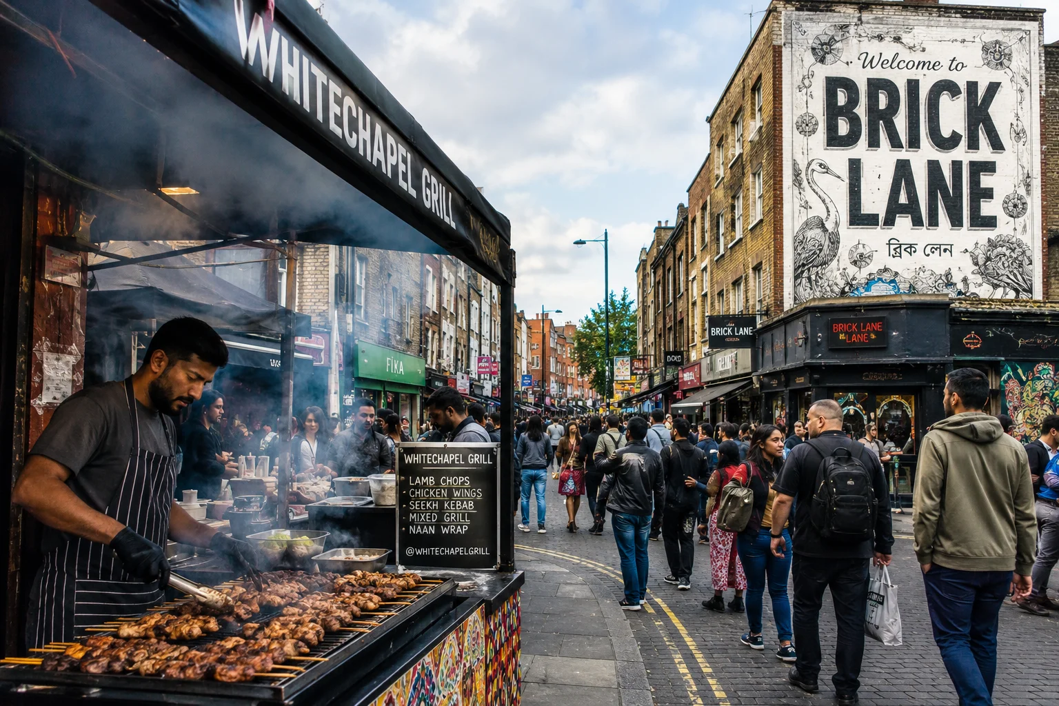 Busy Whitechapel grill or Brick Lane street scene