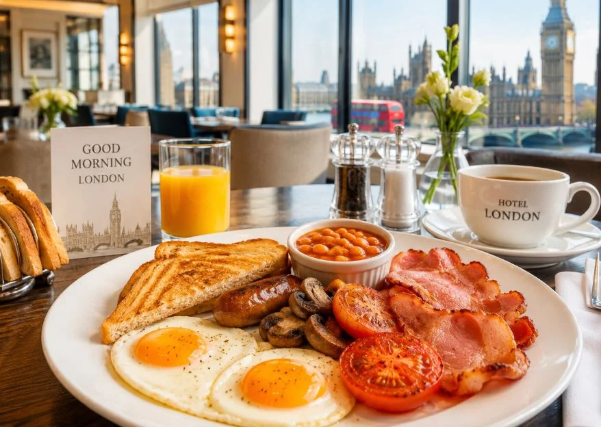 Hotel guests enjoying a free cooked breakfast in London