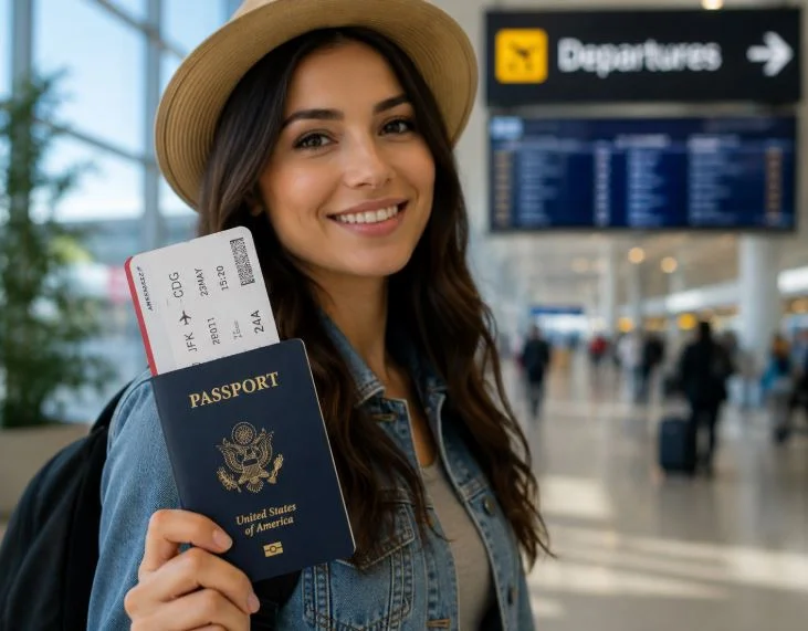 A traveller checking documents before a flight to London