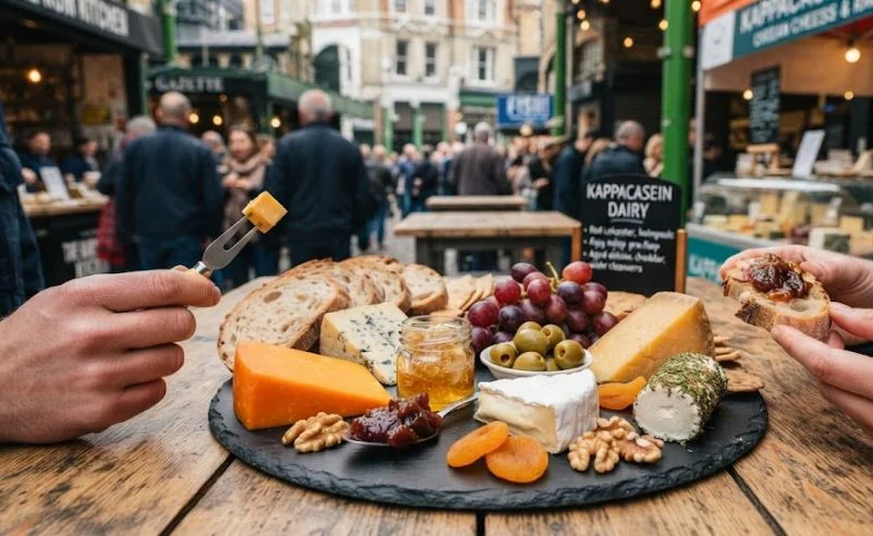 Food stalls and tastings at a London market