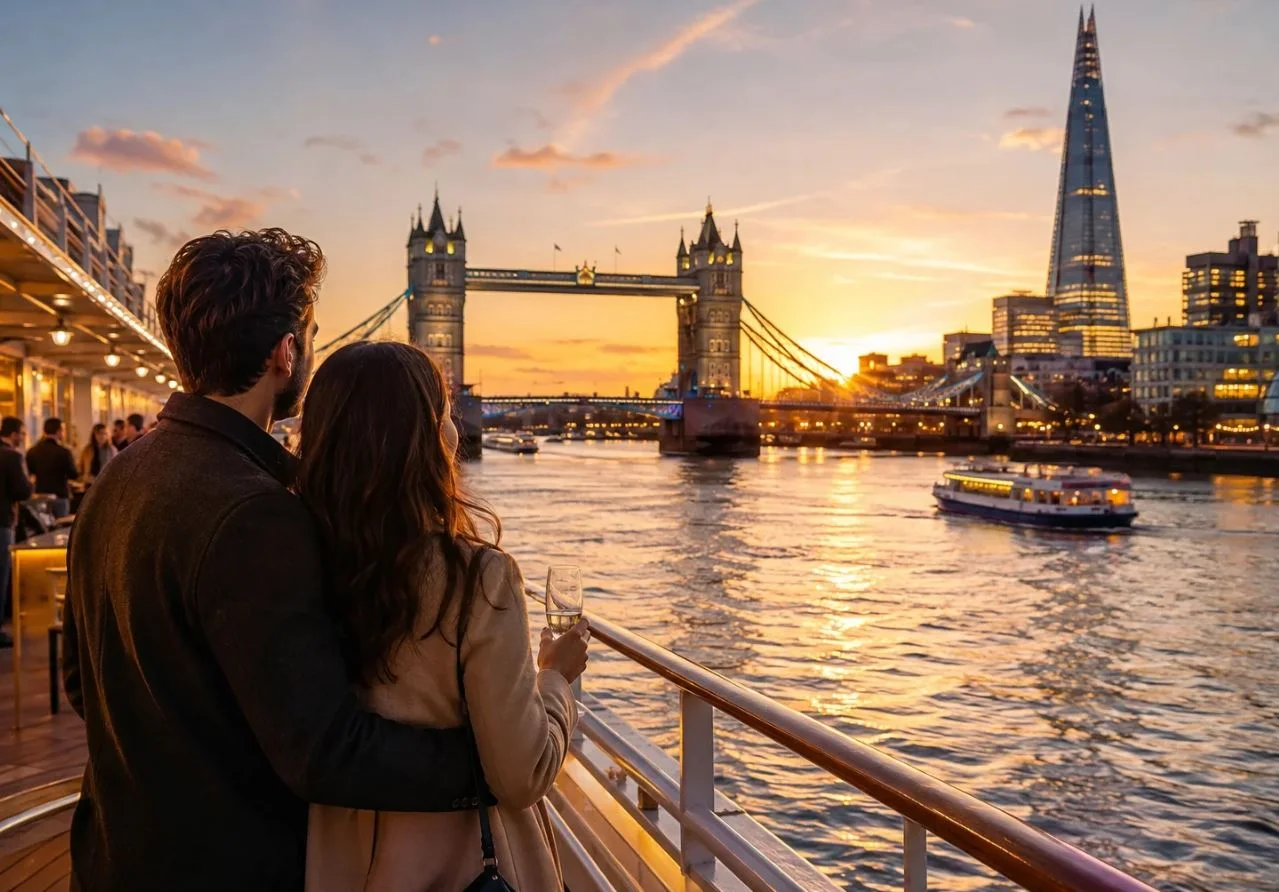 Couple on a river-cruise deck at golden hour