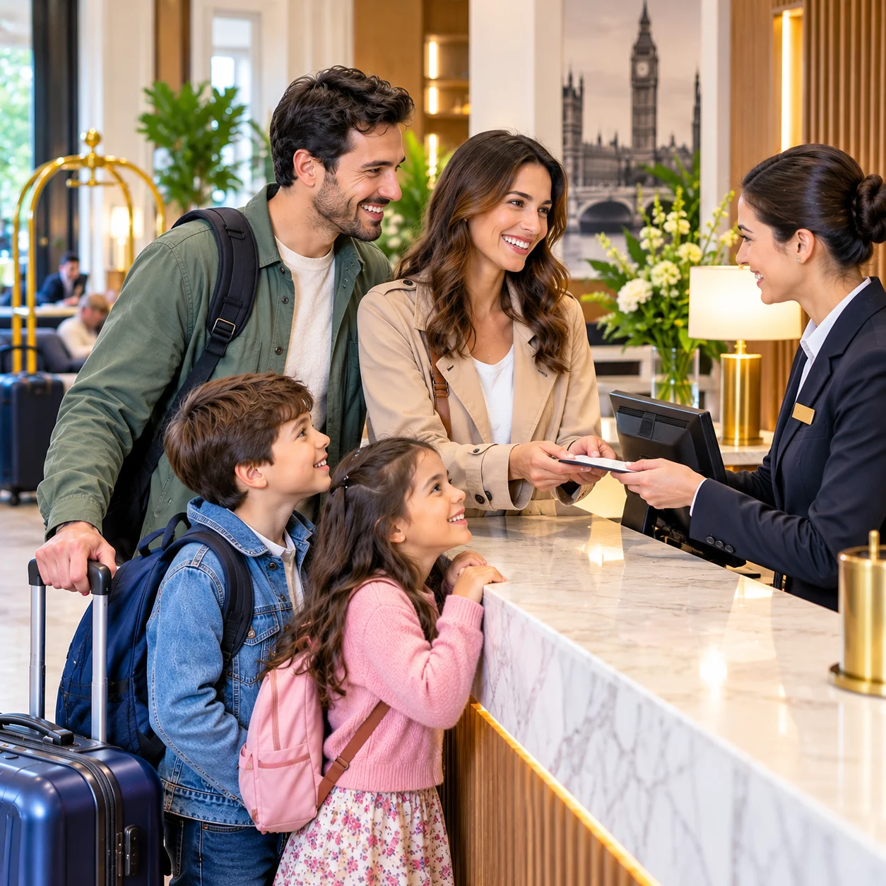 Family checking in at a bright London hotel reception with luggage