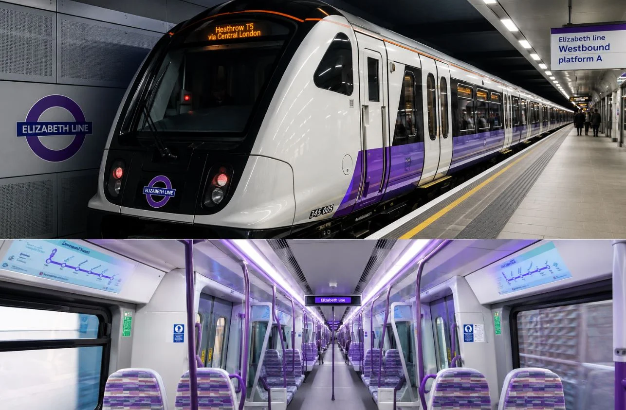 Un tren morado de la Elizabeth line en un andén de Londres