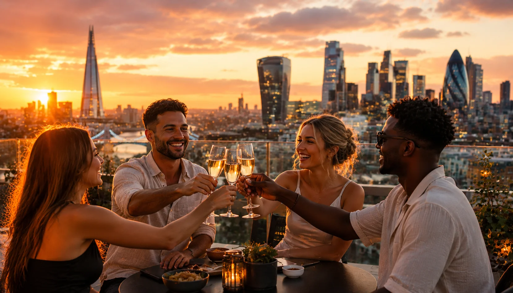 Group of friends toasting cocktails at a London rooftop bar with the city skyline at sunset.