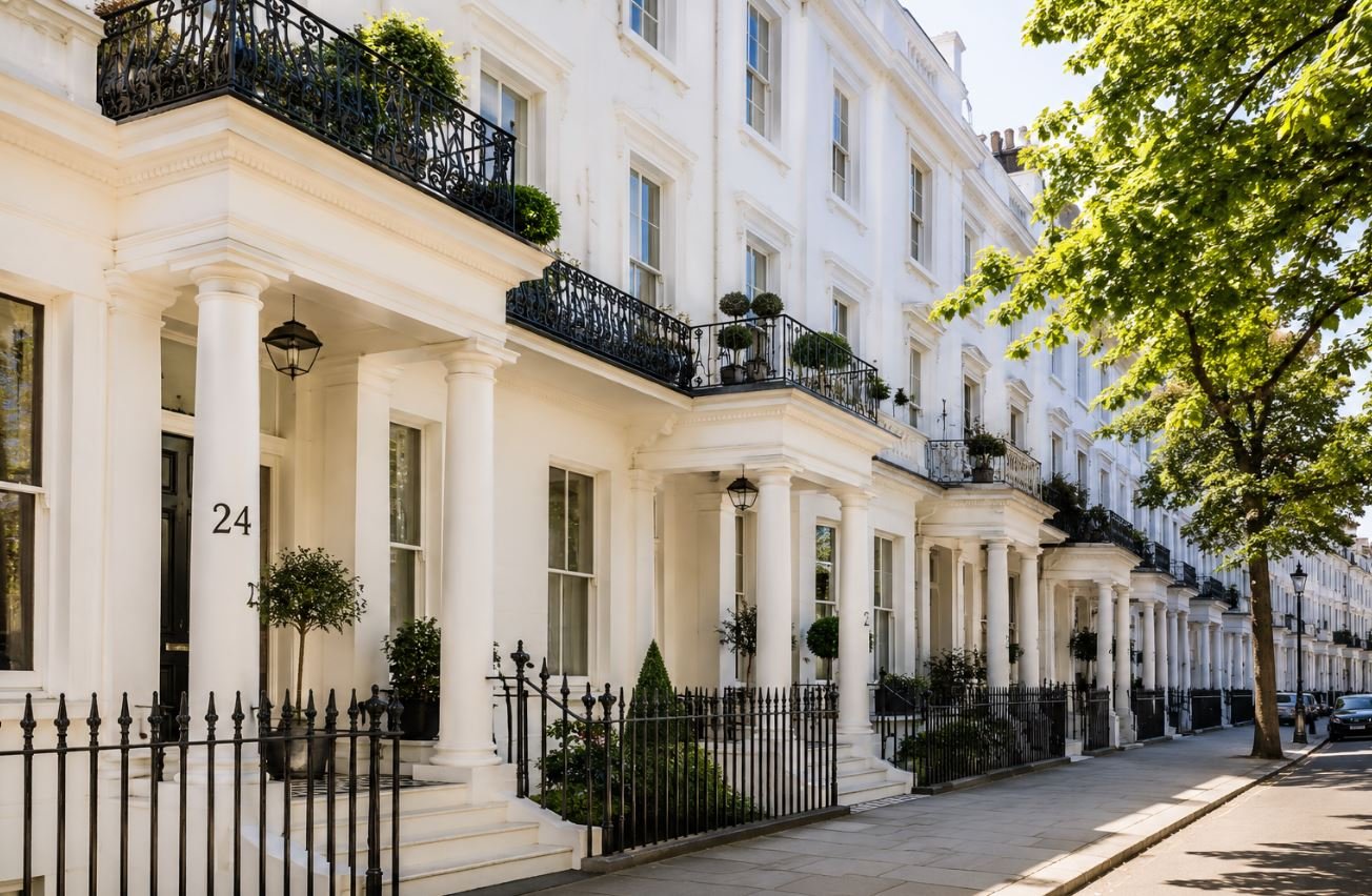 White stucco Georgian townhouses on a leafy Kensington street West London