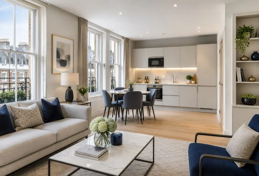 Modern serviced apartment living room with kitchen in London