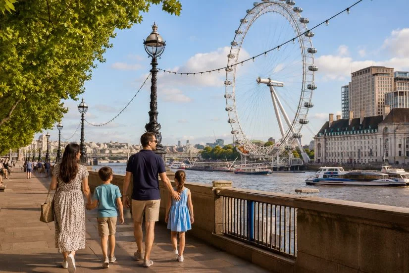 Family walking along the South Bank near the London Eye