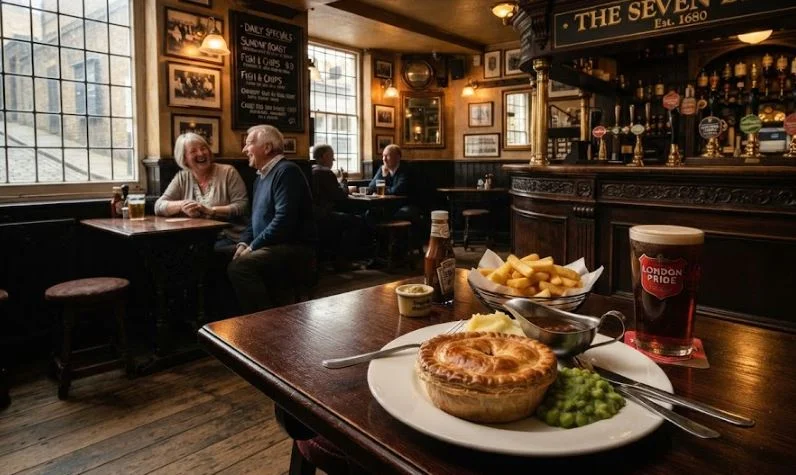 Traditional British pub food and ale in a historic London pub