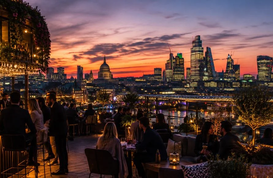Rooftop bar with London skyline views at dusk
