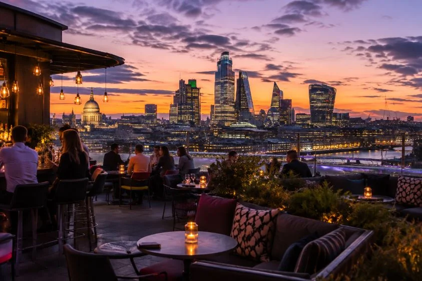 A London rooftop bar with a skyline view at dusk