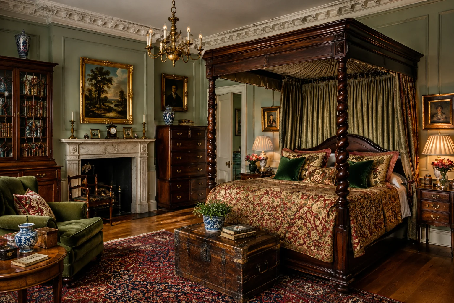 Historic Georgian townhouse hotel room with antique furniture in London