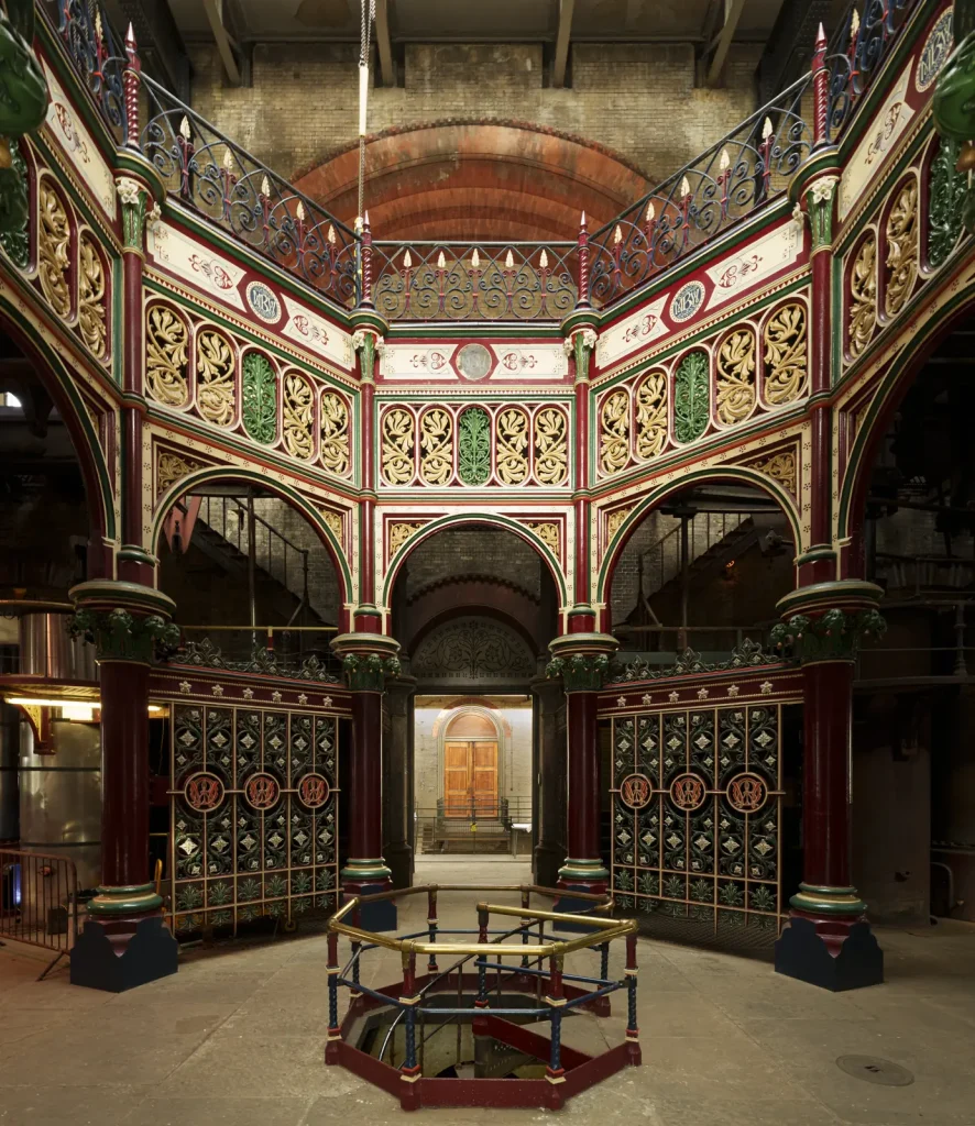 Victorian ornate cast-iron interior of Crossness Pumping Station Beam Engine House.