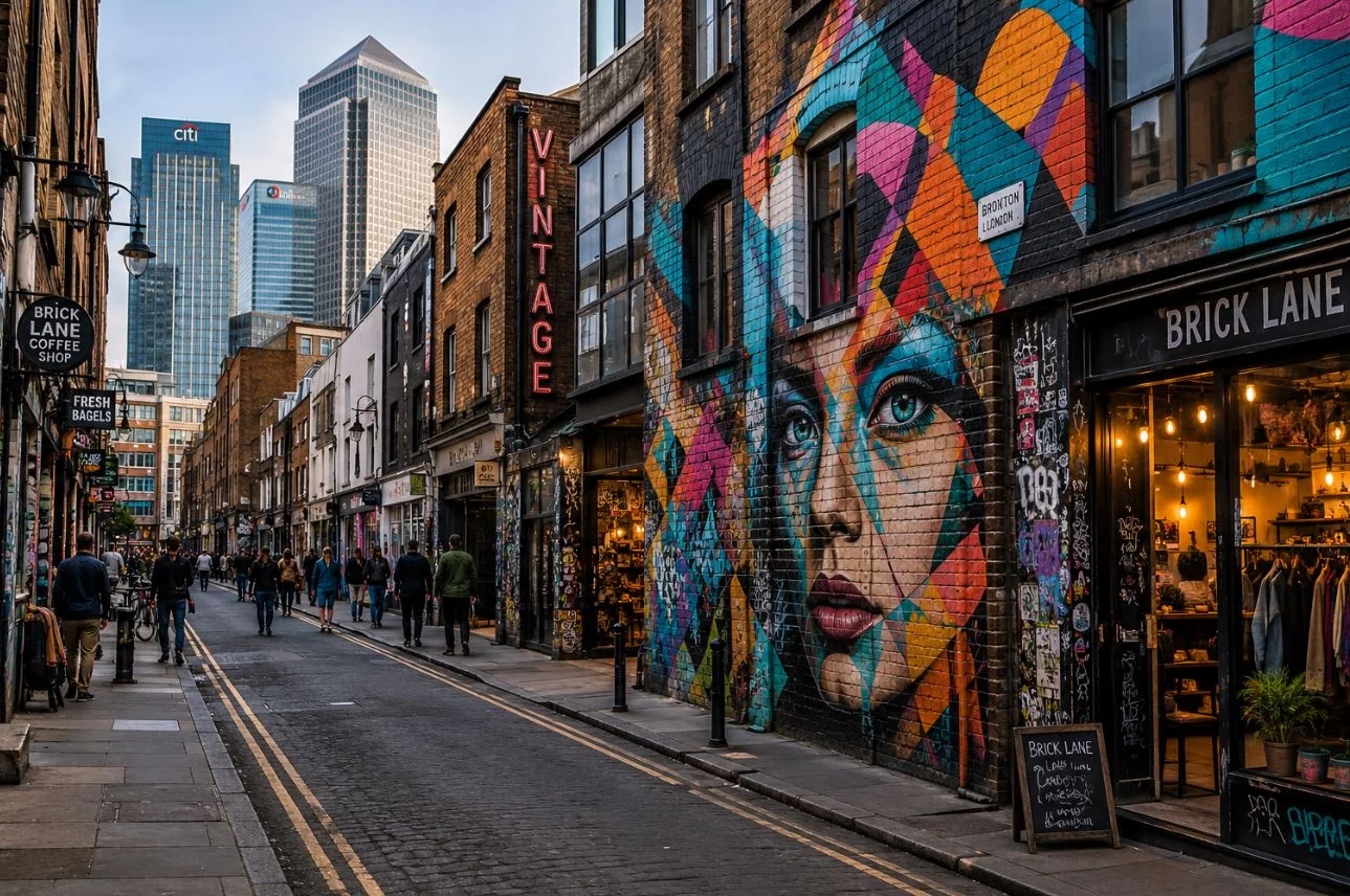 Colourful street art on Brick Lane Shoreditch East London