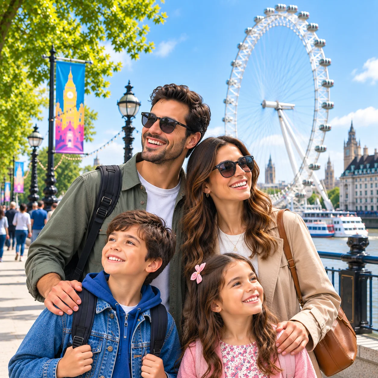 Family walking along the South Bank of the Thames near the London Eye