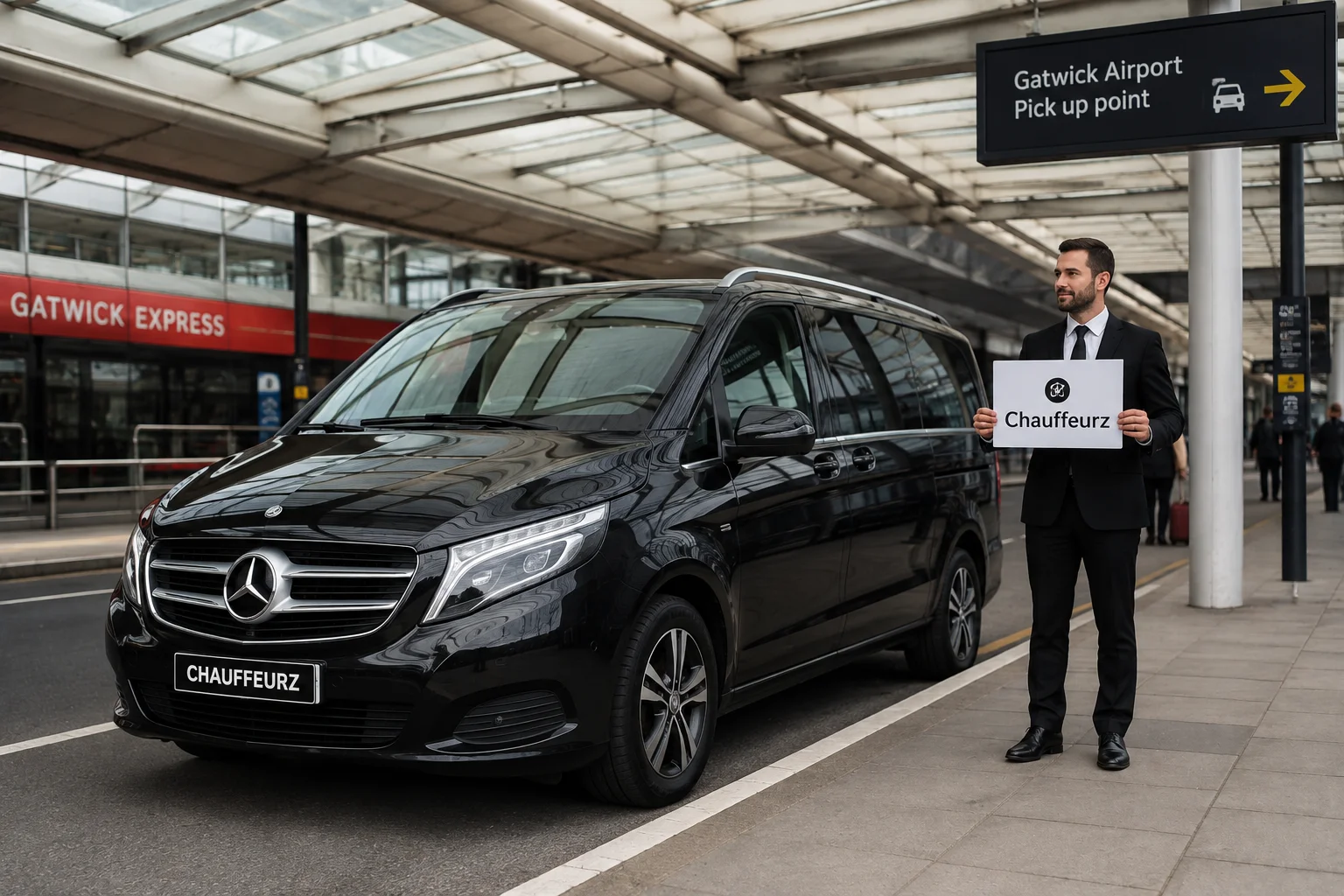 Chauffeurz Mercedes E-Class outside Gatwick North Terminal at pickup
