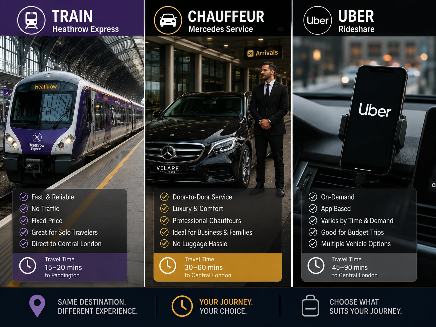 Comparison of train Uber and chauffeur transport options at London airport