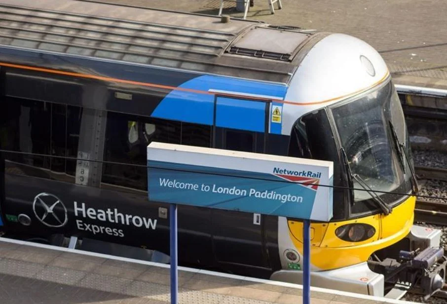 The Heathrow Express train at Paddington Station, London