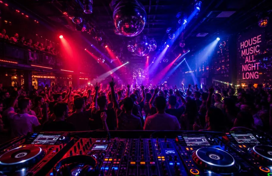 Crowd dancing under lights in a London nightclub
